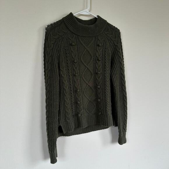 J. Crew Ezra Cable Knit Pom-Pom Crewneck Sweater Boho Grandpa Army Green S - Picture 9 of 15